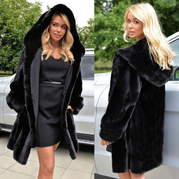 coat Europe and America autumn and winter imitation fur coat hoodies long section Slim imitation fur coat eprolo