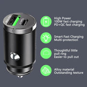 100W Mini Car Charger Lighter Fast Charging for iPhone QC3.0 Mini PD USB Type C Car Phone Charger for Xiaomi Samsung Huawei - Sunny Side Store