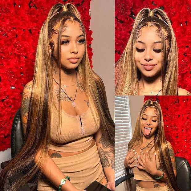 13x4 Highlight Wig Human Hair Straight Lace Front Wigs Hd Transparent Lace Frontal Wig 32 Inch Lace Front Human Hair Wigs T Remy - Sunny Side Store