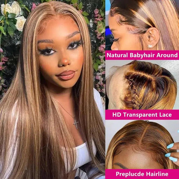 13x4 Highlight Wig Human Hair Straight Lace Front Wigs Hd Transparent Lace Frontal Wig 32 Inch Lace Front Human Hair Wigs T Remy - Sunny Side Store