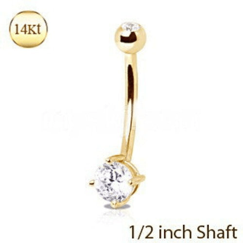 14Kt Yellow Gold 1/2" Navel Ring with Clear Round Prong Set CZ - Sunny Side Store