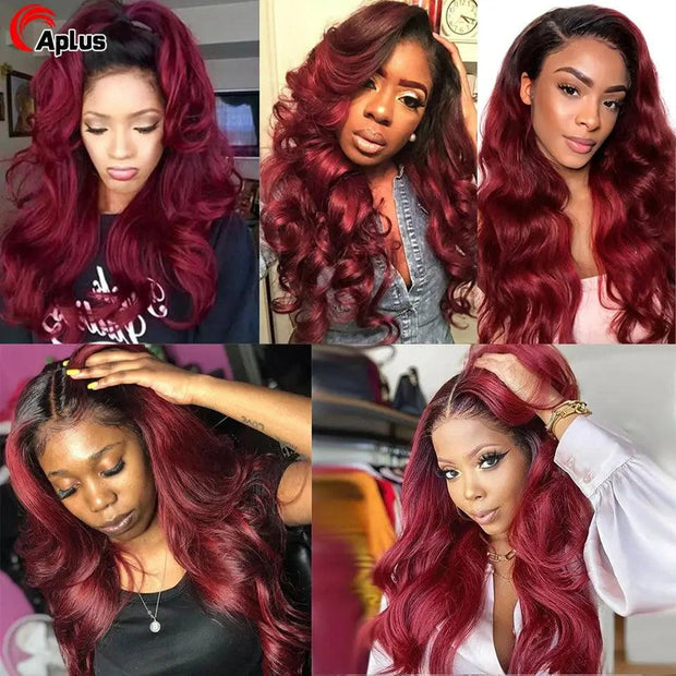 1b 99j Burgundy Lace Front Wig Human Hair Body Wave Lace Frontal Wigs Honey Blonde HD Lace Front Wigs Ombre Colored Dark Red - Sunny Side Store