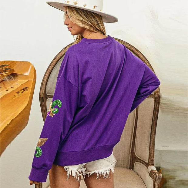 2024 Women Mardi Gras Sweatshirt Outfit Sequin Green Purple Yellow Crewneck Fat Tuesday Clothes Sweatshirt For Ladies - Sunny Side Store