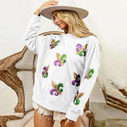 2024 Women Mardi Gras Sweatshirt Outfit Sequin Green Purple Yellow Crewneck Fat Tuesday Clothes Sweatshirt For Ladies - Sunny Side Store