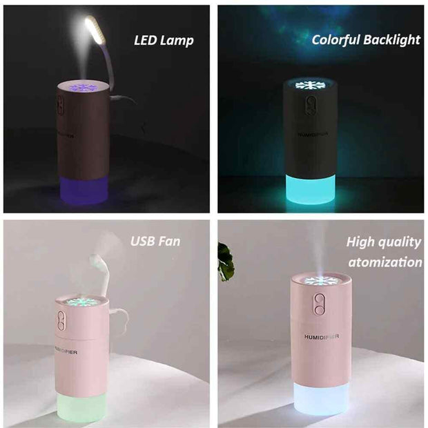 3 In 1 Air Humidifier USB Fan LED Light Creative Snowflake Design 400ML Ultrasonic Cool Mist Maker Aroma Diffuser for Home Car - Sunny Side Store