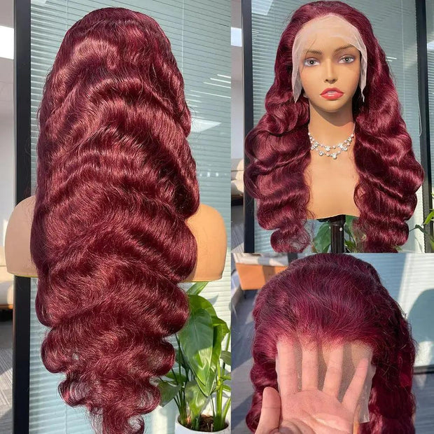 30Inch Burgundy Body Wave Lace Front Wig Human Hair 13X4 99J Ombre 4X4 Colored Wigs Red Brazilian HD Transparent Black Women - Sunny Side Store