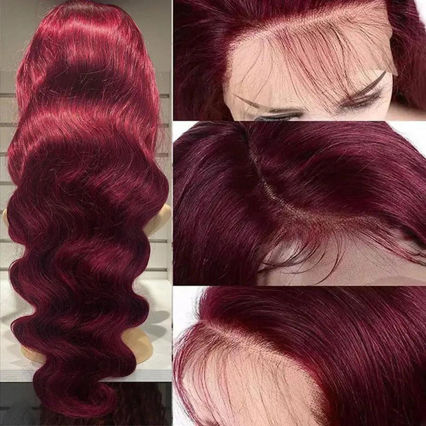 30Inch Burgundy Body Wave Lace Front Wig Human Hair 13X4 99J Ombre 4X4 Colored Wigs Red Brazilian HD Transparent Black Women - Sunny Side Store