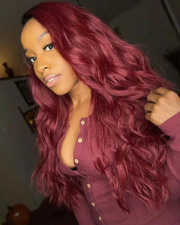 30Inch Burgundy Body Wave Lace Front Wig Human Hair 13X4 99J Ombre 4X4 Colored Wigs Red Brazilian HD Transparent Black Women - Sunny Side Store