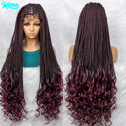 36 inch Burgundy 99J Color Synthetic Lace Front Wig Braided Wigs With Baby Hair Braided Lace Front Wigs Water Wave Wavy Wigs - Sunny Side Store