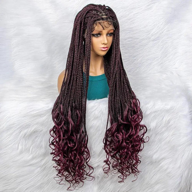 36 inch Burgundy 99J Color Synthetic Lace Front Wig Braided Wigs With Baby Hair Braided Lace Front Wigs Water Wave Wavy Wigs - Sunny Side Store