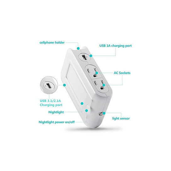 4 in 1 Expert Multitasker Wall Power Adapter Socket And Phone Charger With Night Light Function - Sunny Side Store