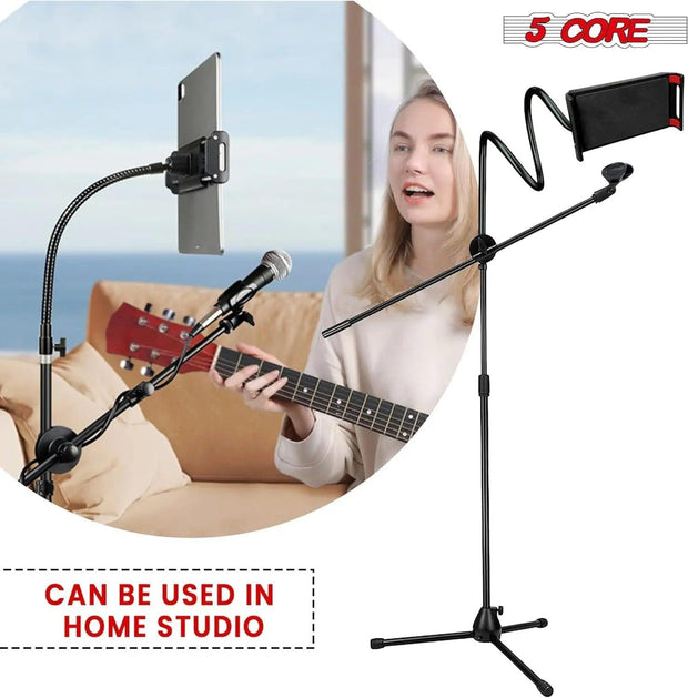 5 Core Microphone Stand + Phone Holder Floor Boom Mic Stand Gooseneck + Tablet Holder Collapsible Adjustable Tripod Mic Stand w Two Mic Clips + Carry Bag for Singing Karaoke Studio Parties -MS MOB - Sunny Side Store