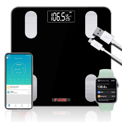 5 Core Smart Weight Scale for Body Weight Digital Bathroom Scale Bluetooth Body Fat Monitor Health Analyzer Sync with App Rechargeable -BBS VL R BLK - Sunny Side Store