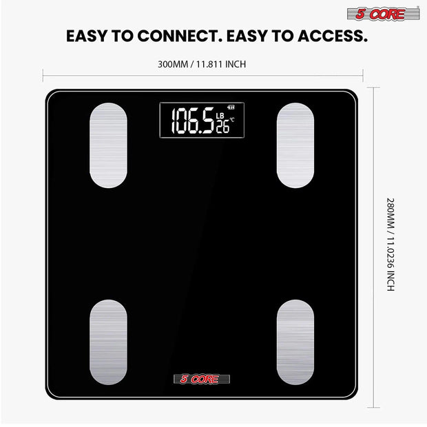 5 Core Smart Weight Scale for Body Weight Digital Bathroom Scale Bluetooth Body Fat Monitor Health Analyzer Sync with App Rechargeable -BBS VL R BLK - Sunny Side Store