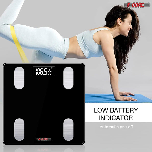 5 Core Smart Weight Scale for Body Weight Digital Bathroom Scale Bluetooth Body Fat Monitor Health Analyzer Sync with App Rechargeable -BBS VL R BLK - Sunny Side Store