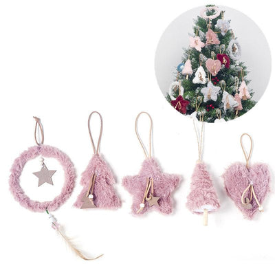 5pcs/set Creative Plush Christmas Tree Hanging Pendant Pink White Heart Star Feather Ornament Christmas Decoration for Home Xmas - Sunny Side Store