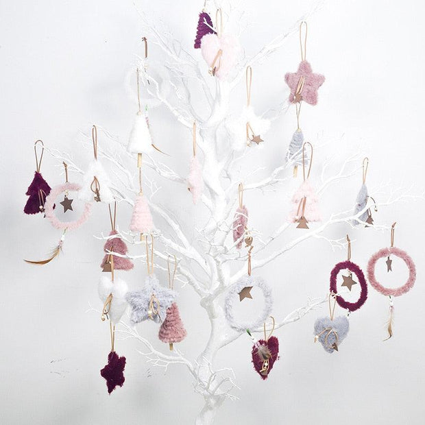 5pcs/set Creative Plush Christmas Tree Hanging Pendant Pink White Heart Star Feather Ornament Christmas Decoration for Home Xmas - Sunny Side Store