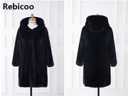 coat Europe and America autumn and winter imitation fur coat hoodies long section Slim imitation fur coat eprolo