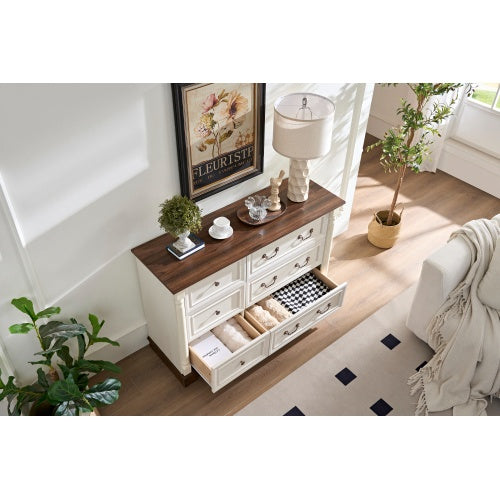 Farmhouse Style 6 Drawer Dresser Chest With Base Wooden Rustic Chest Of Drawers, Storage Dresser Organizer For Bedroom, Living Room, Beautiful Sturdy And Durable