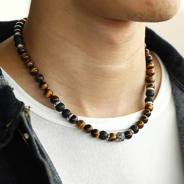 8mm Bead Necklace For Men Boys Natural Stone Tiger Eyes Beaded Charm Choker Stainless Steel Punk Male Jewelry Gift - Sunny Side Store