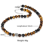 8mm Bead Necklace For Men Boys Natural Stone Tiger Eyes Beaded Charm Choker Stainless Steel Punk Male Jewelry Gift - Sunny Side Store