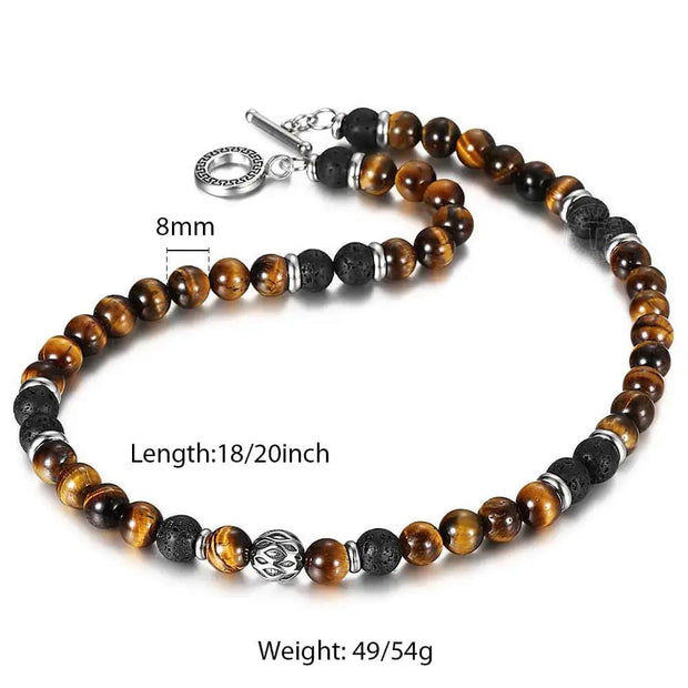 8mm Bead Necklace For Men Boys Natural Stone Tiger Eyes Beaded Charm Choker Stainless Steel Punk Male Jewelry Gift - Sunny Side Store