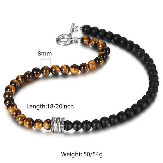 8mm Bead Necklace For Men Boys Natural Stone Tiger Eyes Beaded Charm Choker Stainless Steel Punk Male Jewelry Gift - Sunny Side Store