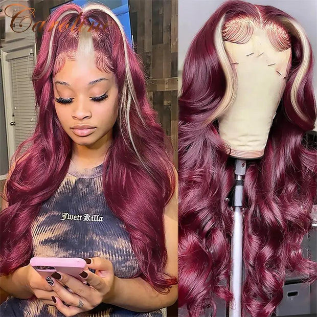 99J Stripe Body Wave Lace Front Wig Human Hair 180% Burgundy Lace Frontal Wig Colored Human Hair Wigs For Women Natural Hairline - Sunny Side Store