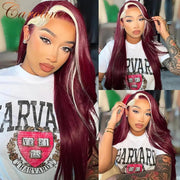 99J Stripe Body Wave Lace Front Wig Human Hair 180% Burgundy Lace Frontal Wig Colored Human Hair Wigs For Women Natural Hairline - Sunny Side Store