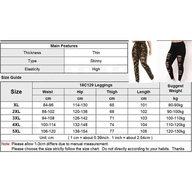 Plus Size Ripped Hole Camouflage Printing Elasticity Leggings 4Xl 5Xl High Waist Slimming Fitness Legging Pants For Women - Sunny Side Store Sunny Side Store  12.53