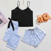 Lisacmvpnel Thin Four Seasons Three Piece Pajamas Women's Suspenders Shorts Home Clothes Suit Imitation Silk Sexy Pajamas - Sunny Side Store