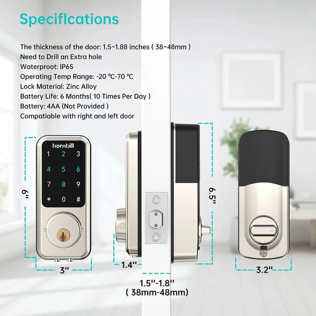 Hornbill Smart Deadbolt Door Lock Electronic Remote Control With Gateway Wifi Hub TTLock Keyless Entry Front Locks For Home Safe - Sunny Side Store