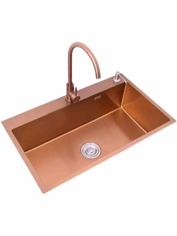 Kitchen 304 Stainless Steel Sink Nano Handmade Large Single Trough Platform Step Down Medium Basin Rose Gold Wash - Sunny Side Store