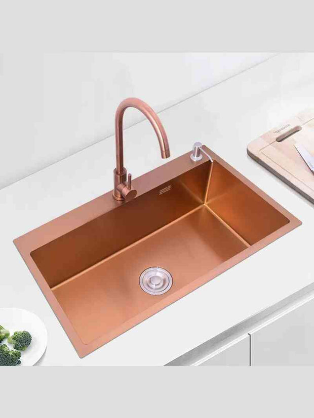 Kitchen 304 Stainless Steel Sink Nano Handmade Large Single Trough Platform Step Down Medium Basin Rose Gold Wash - Sunny Side Store