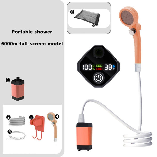 Portable Camping Tent Shower Pump RV Outdoor Shower Kit W/Full Screen Intelligent Digital Display Adjustable 6000mAh Shower Kit