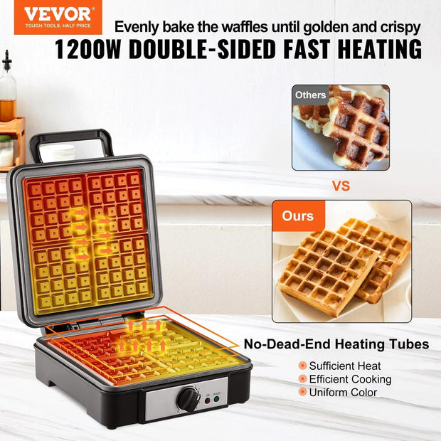 VEVOR Waffle Maker 1200W Square Waffle Iron Non-Stick Waffle Baker Machine with Five-setting Browning Controls 4 Slice 120V - Sunny Side Store Sunny Side Store  58.00