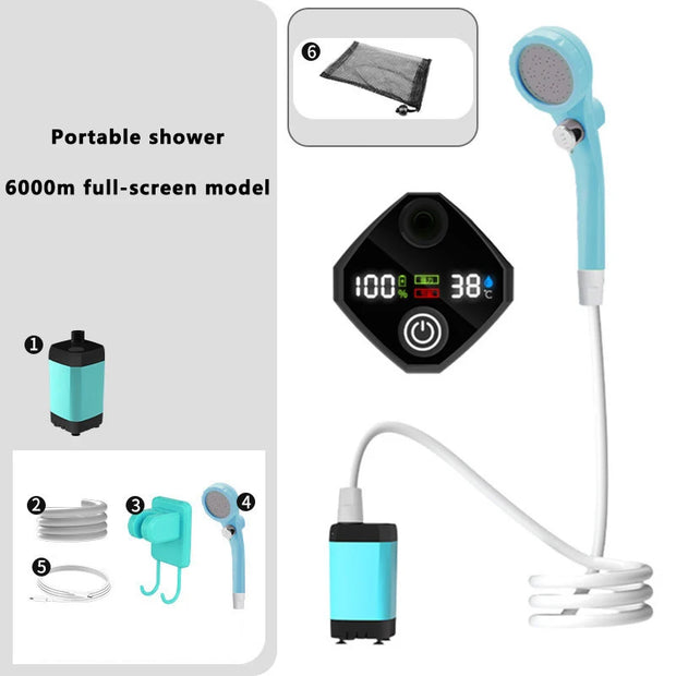 Portable Camping Tent Shower Pump RV Outdoor Shower Kit W/Full Screen Intelligent Digital Display Adjustable 6000mAh Shower Kit