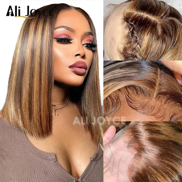 Straight Bob Wig 13X4 Lace Front Wigs For Black Women Highlight Wigs Remy Hair Brazilian Colored Short Bob Ombre Human Hair Wigs - Sunny Side Store