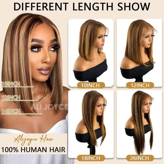 Straight Bob Wig 13X4 Lace Front Wigs For Black Women Highlight Wigs Remy Hair Brazilian Colored Short Bob Ombre Human Hair Wigs - Sunny Side Store