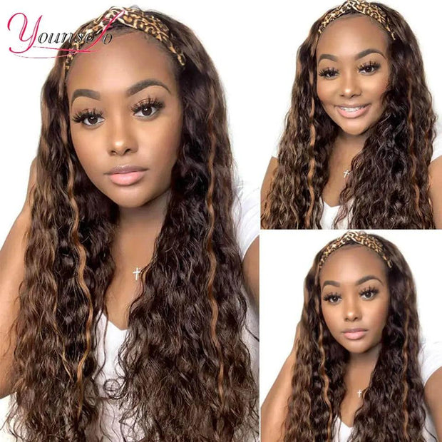 Younsolo Headband Wig Human Hair Wigs Brazilian Water Wave Wigs Black Women Curly Human Hair Highlight Headband Wig Glueless - Sunny Side Store