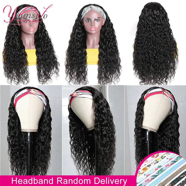 Younsolo Headband Wig Human Hair Wigs Brazilian Water Wave Wigs Black Women Curly Human Hair Highlight Headband Wig Glueless - Sunny Side Store