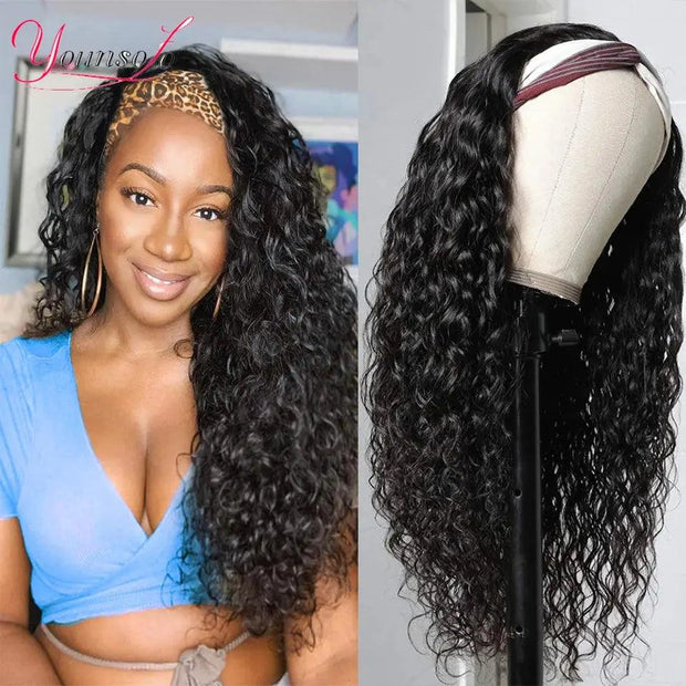 Younsolo Headband Wig Human Hair Wigs Brazilian Water Wave Wigs Black Women Curly Human Hair Highlight Headband Wig Glueless - Sunny Side Store