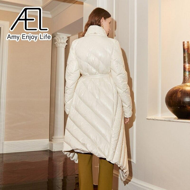 AEL Belt Down Jacket Women Winter Irregular Long Coat Fashion Parka Lady Streetwear High Quality - Sunny Side Store