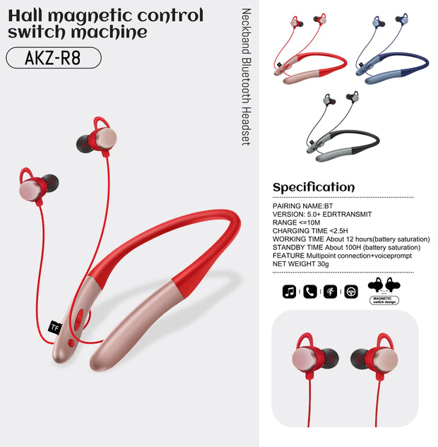 AKZ-R8 New Private Model Wireless Bluetooth Headset 5.0 Hanging Neck Sports Hall Magnetic Switch Stereo Headset - Sunny Side Store