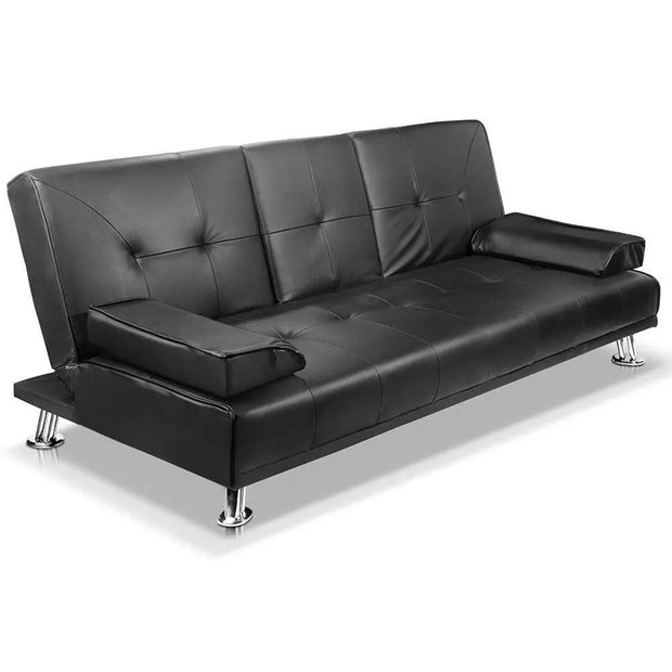 Artiss 3 Seater PU Leather Sofa Bed - Black - Sunny Side Store