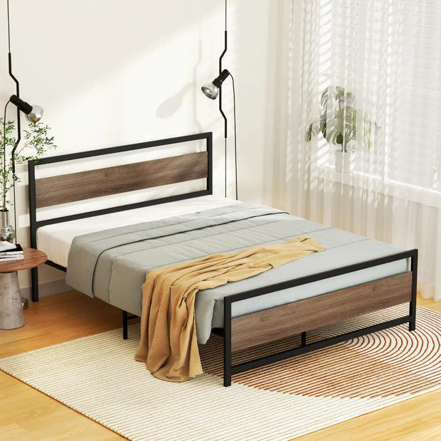 Artiss Bed Frame Metal Bed Base Double Size Platform Wooden Headboard Black DREW - Sunny Side Store