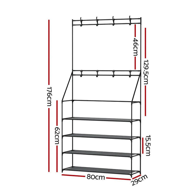 Artiss Shoe Rack Coat Hat Stand Hallway Shoes Storage Tree Metal Shelves Black - Sunny Side Store