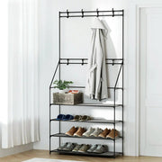 Artiss Shoe Rack Coat Hat Stand Hallway Shoes Storage Tree Metal Shelves Black - Sunny Side Store