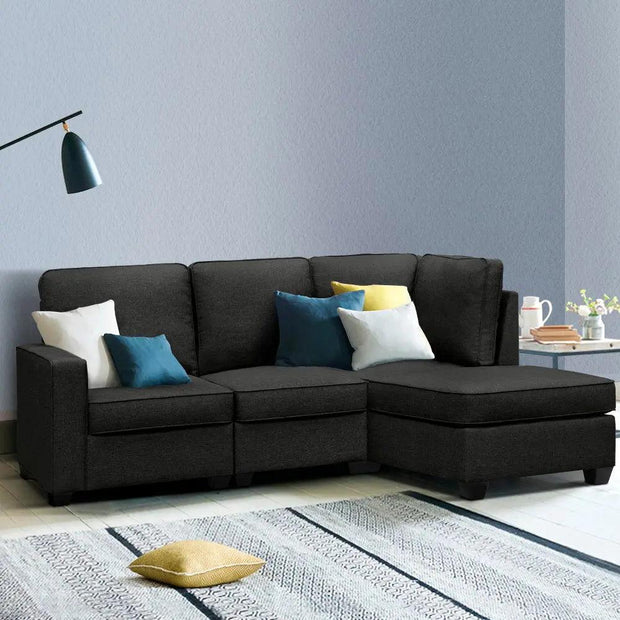 Artiss Sofa Lounge Set 4 Seater Modular Chaise Chair Couch Fabric Dark Grey - Sunny Side Store