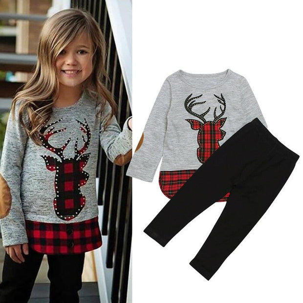 Autumn and Winter Girls Clothes Deer Printed T-shirts+Long Pants 2Pcs Christmas Outfits Kids Clothes Suit For Girls - Sunny Side Store